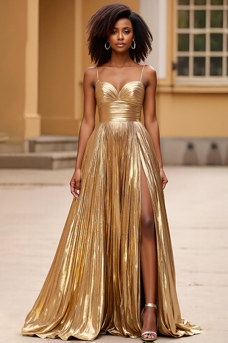 Load image into Gallery viewer, Sparkly Gold A Line Satin Backless Long Prom Dress with Slit