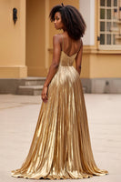 Load image into Gallery viewer, Sparkly Gold A Line Satin Backless Long Prom Dress with Slit