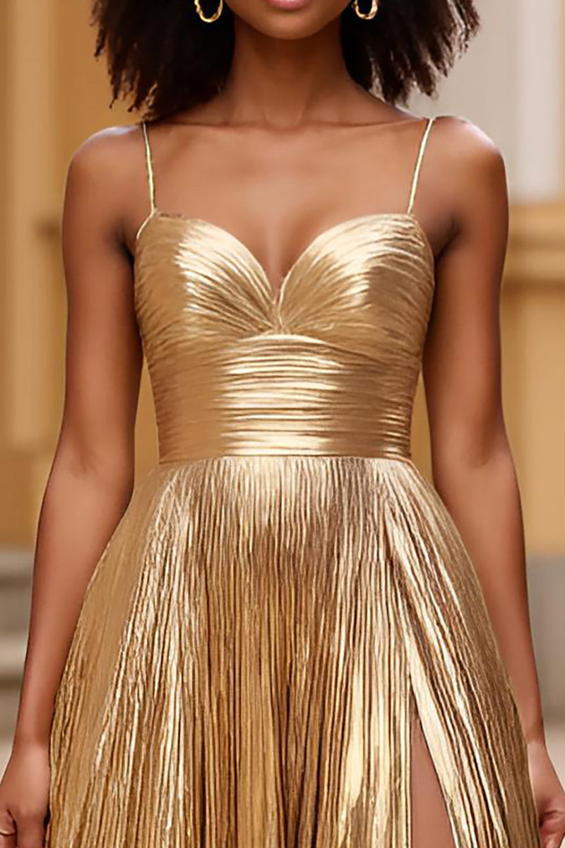 Load image into Gallery viewer, Sparkly Gold A Line Satin Backless Long Prom Dress with Slit