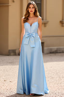 Load image into Gallery viewer, Sky Blue Satin A Line V-Neck Long Prom Dress with Bow