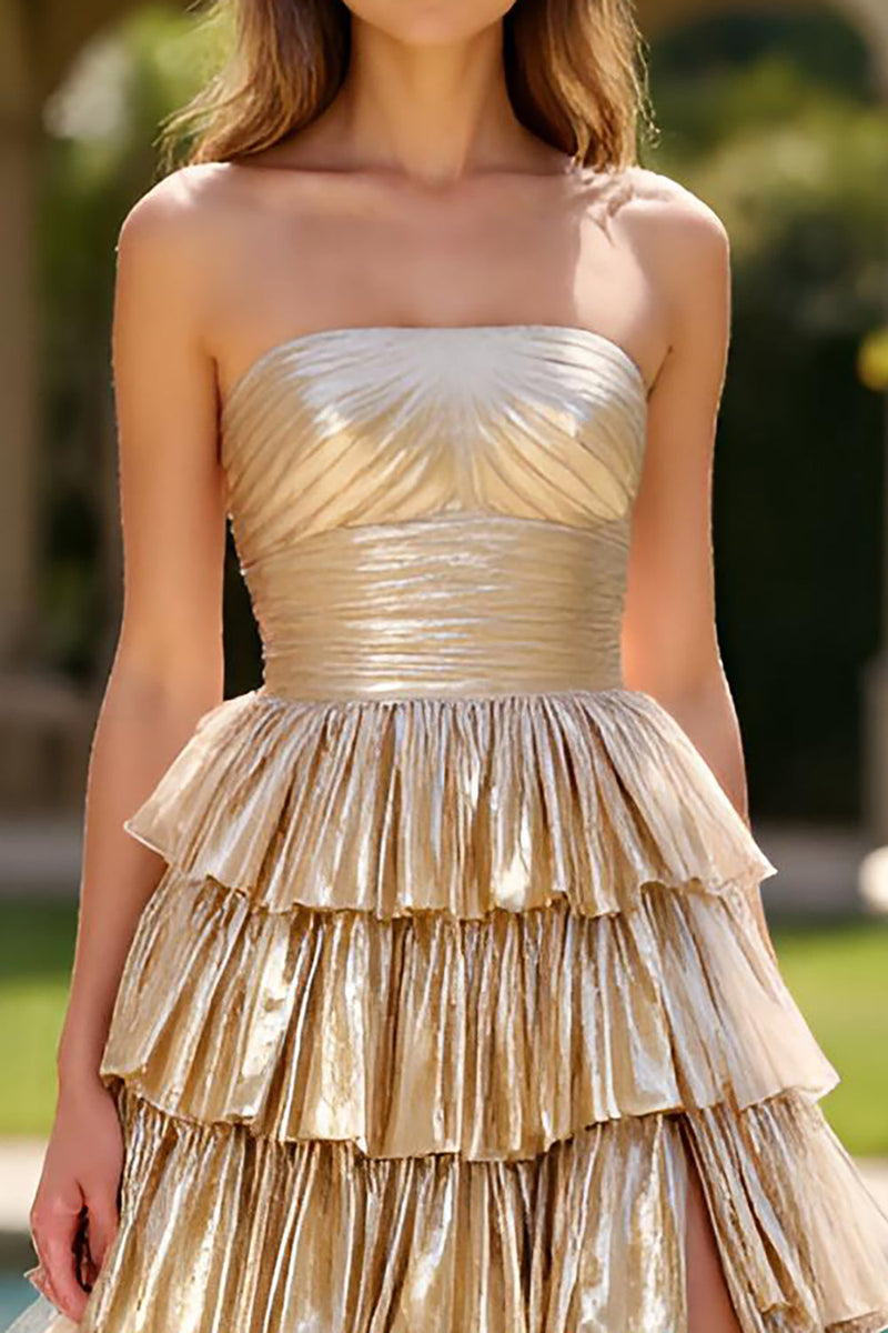 Load image into Gallery viewer, Sparkly Gold Satin A Line Tiered Long Prom Dress with Slit