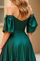 Load image into Gallery viewer, Dark Green Satin A Line Off the Shoulder Long Prom Dress with Slit