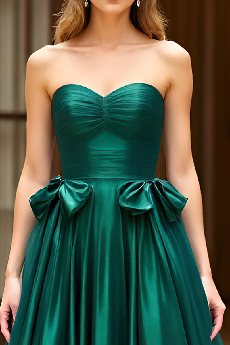 Load image into Gallery viewer, Dark Green A Line Satin Strapless Long Prom Dress with Bow