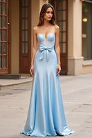 Load image into Gallery viewer, Sky Blue A Line Satin Strapless Bowknot Long Prom Dress