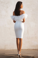 Load image into Gallery viewer, White Bodycon Satin Off the Shoulder Long Graduation Dress with Ruffles