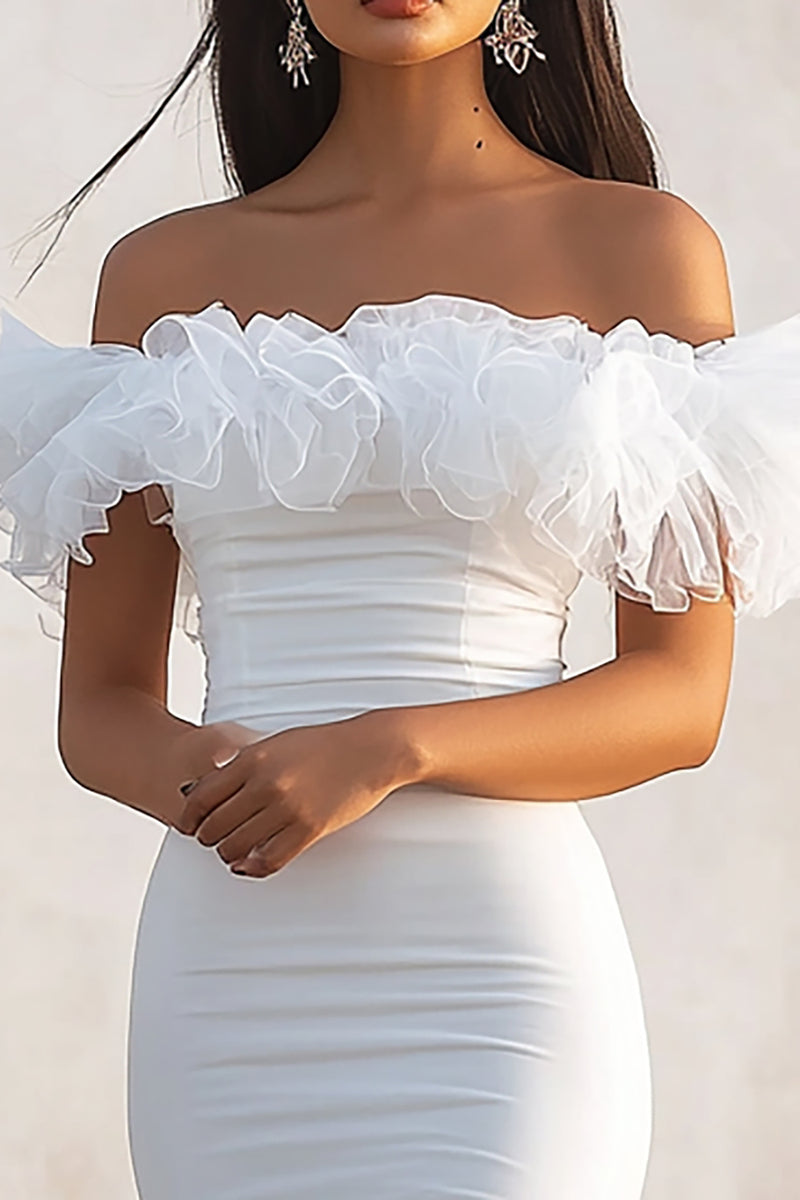 Load image into Gallery viewer, White Bodycon Satin Off the Shoulder Long Graduation Dress with Ruffles
