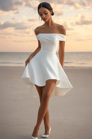 Load image into Gallery viewer, White A Line Satin Off the Shoulder Short Graduation Dress