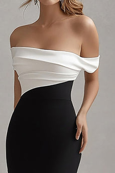 White Off the Shoulder Sheath Long Black Tie Dress with Slit