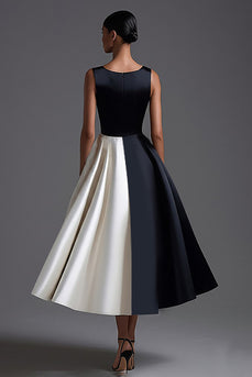 Elegant Black and White Satin Boat Neck A Line Long Formal Dress