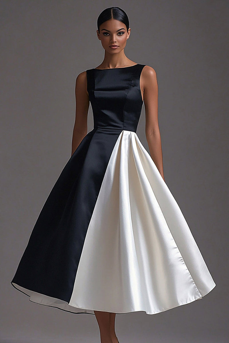 Load image into Gallery viewer, Queendancer Women Elegant White A Line Long Black Tie Dress Satin Boat Neck Sleeveless Ruched Tea-Length Formal Dress
