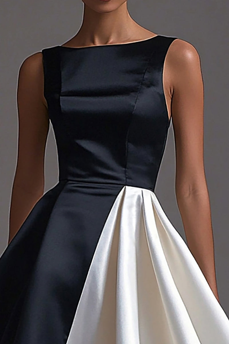 Queendancer Women Elegant White A Line Long Black Tie Dress Satin Boat
