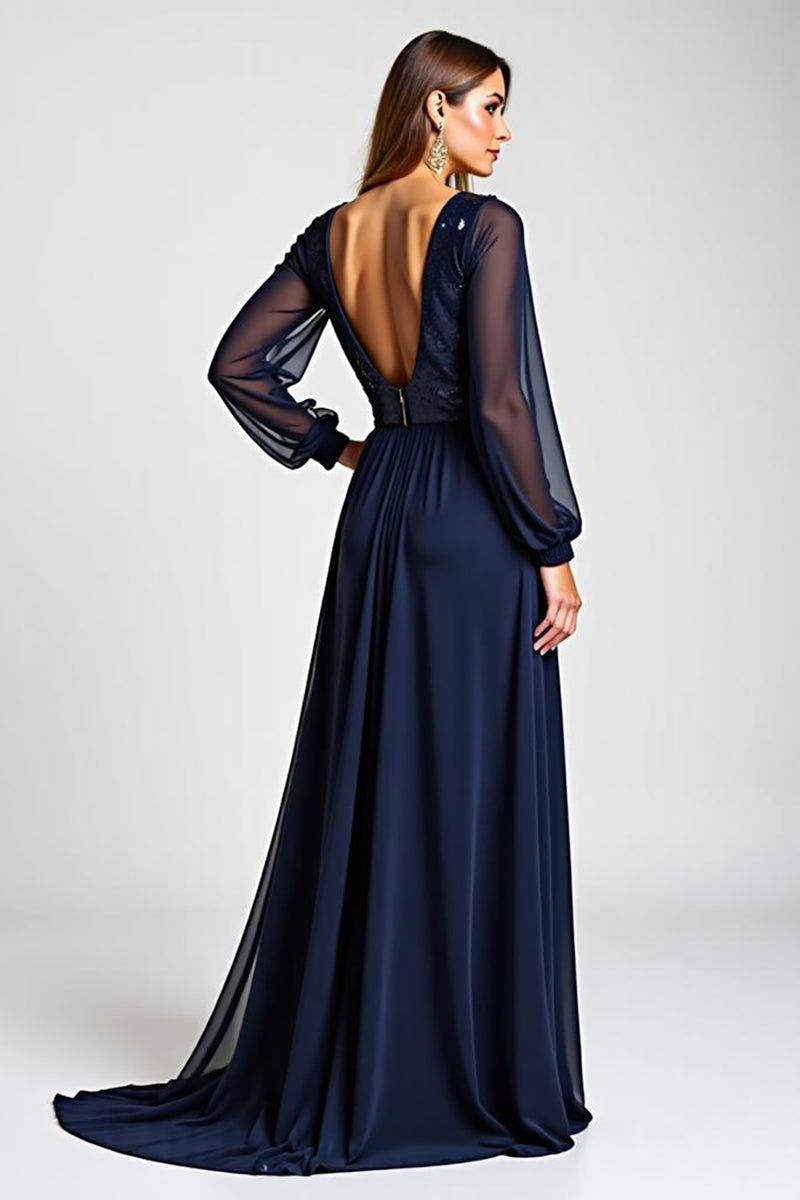 Load image into Gallery viewer, Navy Chiffon Long Sleeves Long Mother of the Bride Dress with Sequins