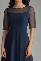Load image into Gallery viewer, Navy Chiffon Short Sleeves Illsion Neck Long Mother of the Bride Dress