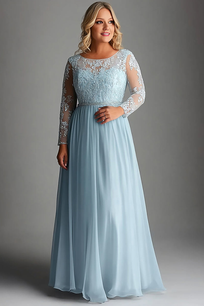 Queendancer Women Sky Blue Plus Size Long Sleeves Chiffon Mother of the Bride  Dress with Appliques Scoop Neck Long Wedding Guest Dress  queendancer