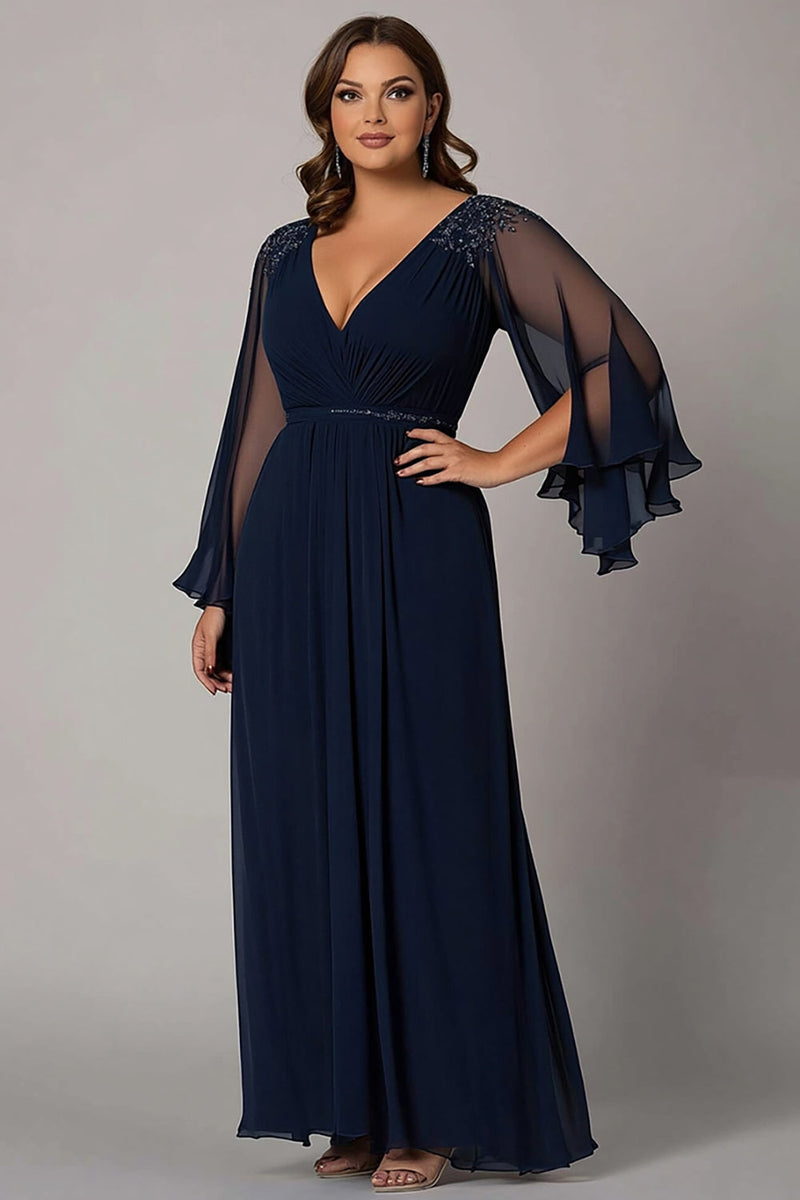 Queendancer Women Navy V-Neck Sleeves Long Plus Size Mother of the Bride Dress Lace Chiffon Ruched Wedding Guest Dress – queendancer