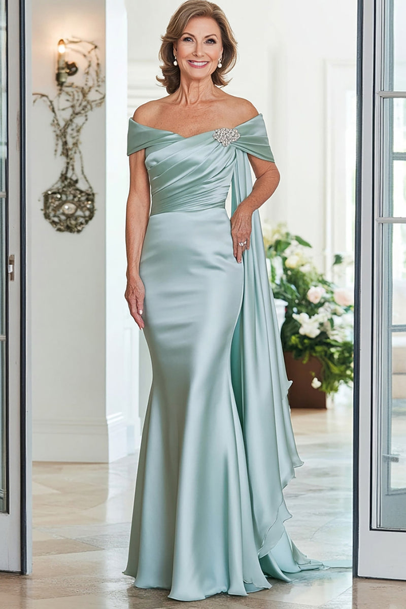 Load image into Gallery viewer, Mint Mermaid Satin Off the Shoulder Long Mother of the Bride Dress