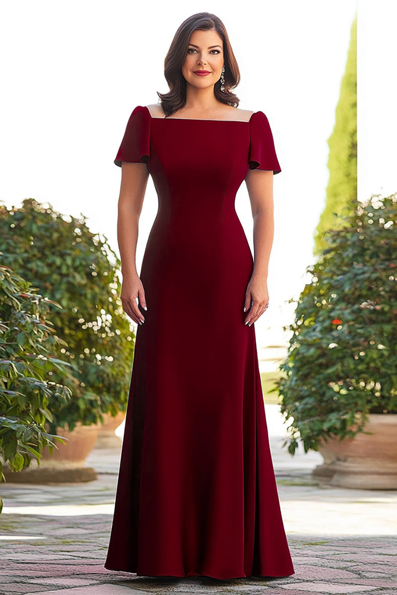 Queendancer Women Plus Size Burgundy A Line Satin Mother of the Bride Dress Cap Sleeves Long Wedding Guest Dress – queendancer