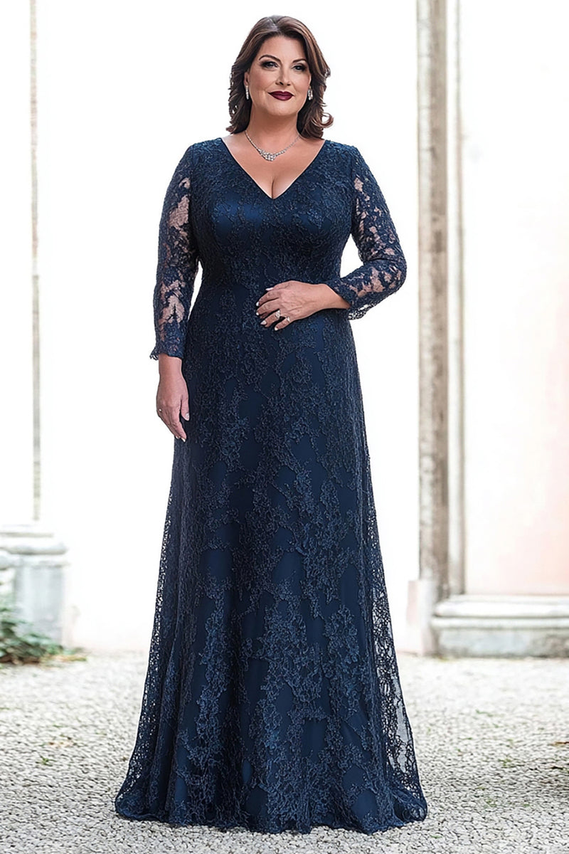 navy blue wedding dress plus size Queendancer Women Plus Size Navy Sheath Lace Mother of the Bride Dress with  Sleeves V-Neck Long Wedding Guest Dress – queendancer