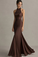 Load image into Gallery viewer, Coffee Satin Mermaid Halter Backless Long Formal Dress