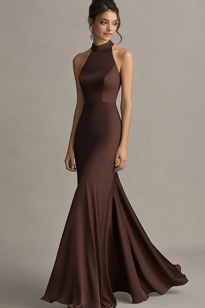 Load image into Gallery viewer, Coffee Satin Mermaid Halter Backless Long Formal Dress