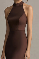 Load image into Gallery viewer, Coffee Satin Mermaid Halter Backless Long Formal Dress