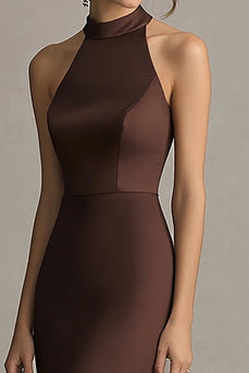 Coffee Satin Mermaid Halter Backless Long Formal Dress