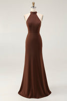 Load image into Gallery viewer, Coffee Mermaid Satin Halter Backless Long Formal Dress