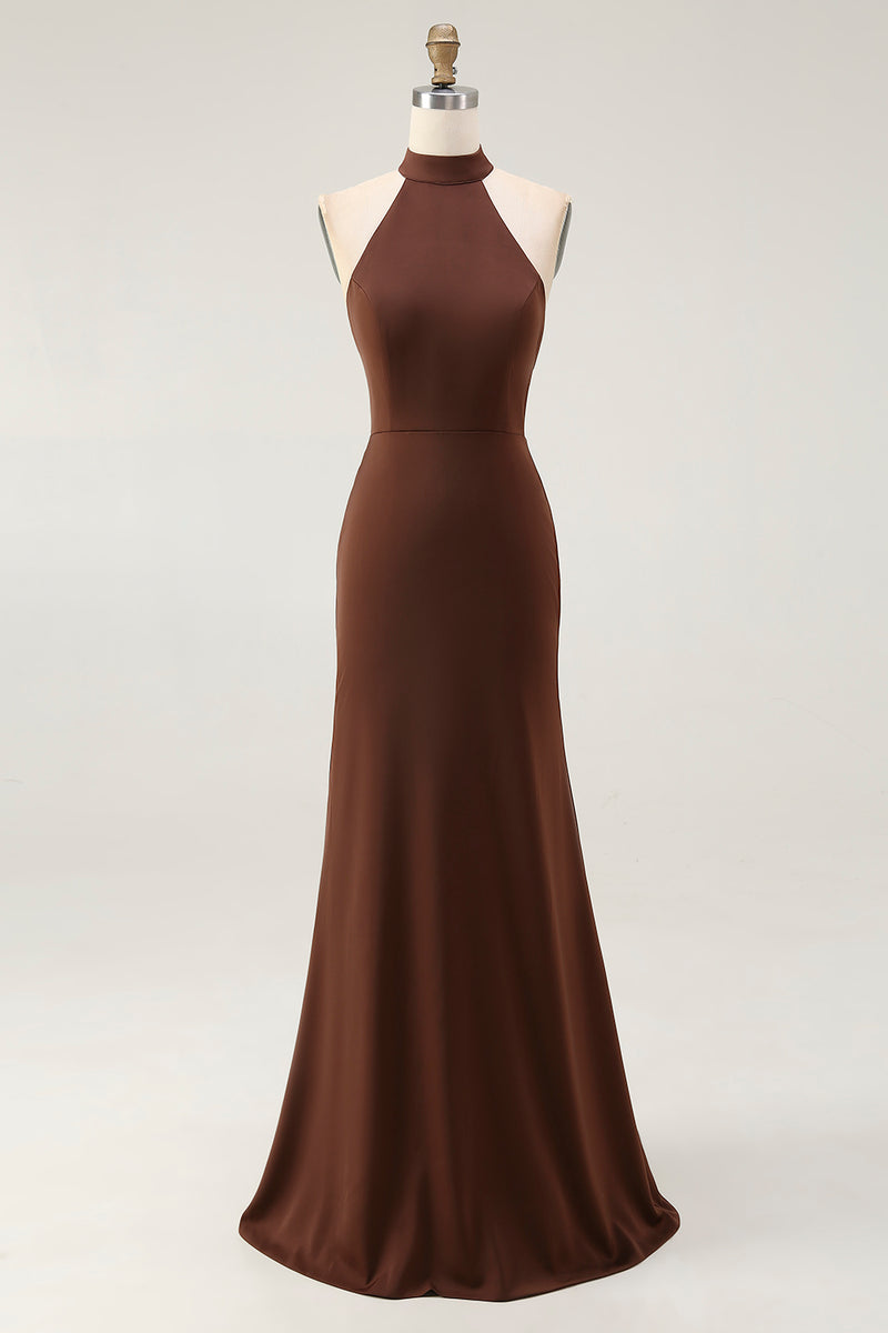 Load image into Gallery viewer, Coffee Mermaid Satin Halter Backless Long Formal Dress