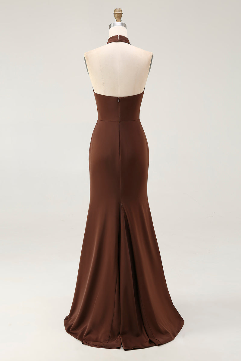 Load image into Gallery viewer, Coffee Satin Mermaid Halter Backless Long Formal Dress