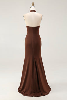 Coffee Mermaid Satin Halter Backless Long Formal Dress