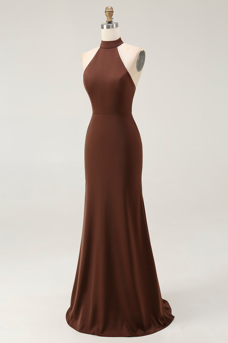 Load image into Gallery viewer, Coffee Mermaid Satin Halter Backless Long Formal Dress