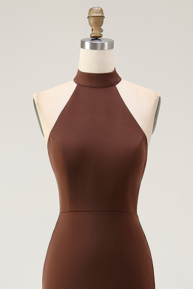 Load image into Gallery viewer, Coffee Mermaid Satin Halter Backless Long Formal Dress