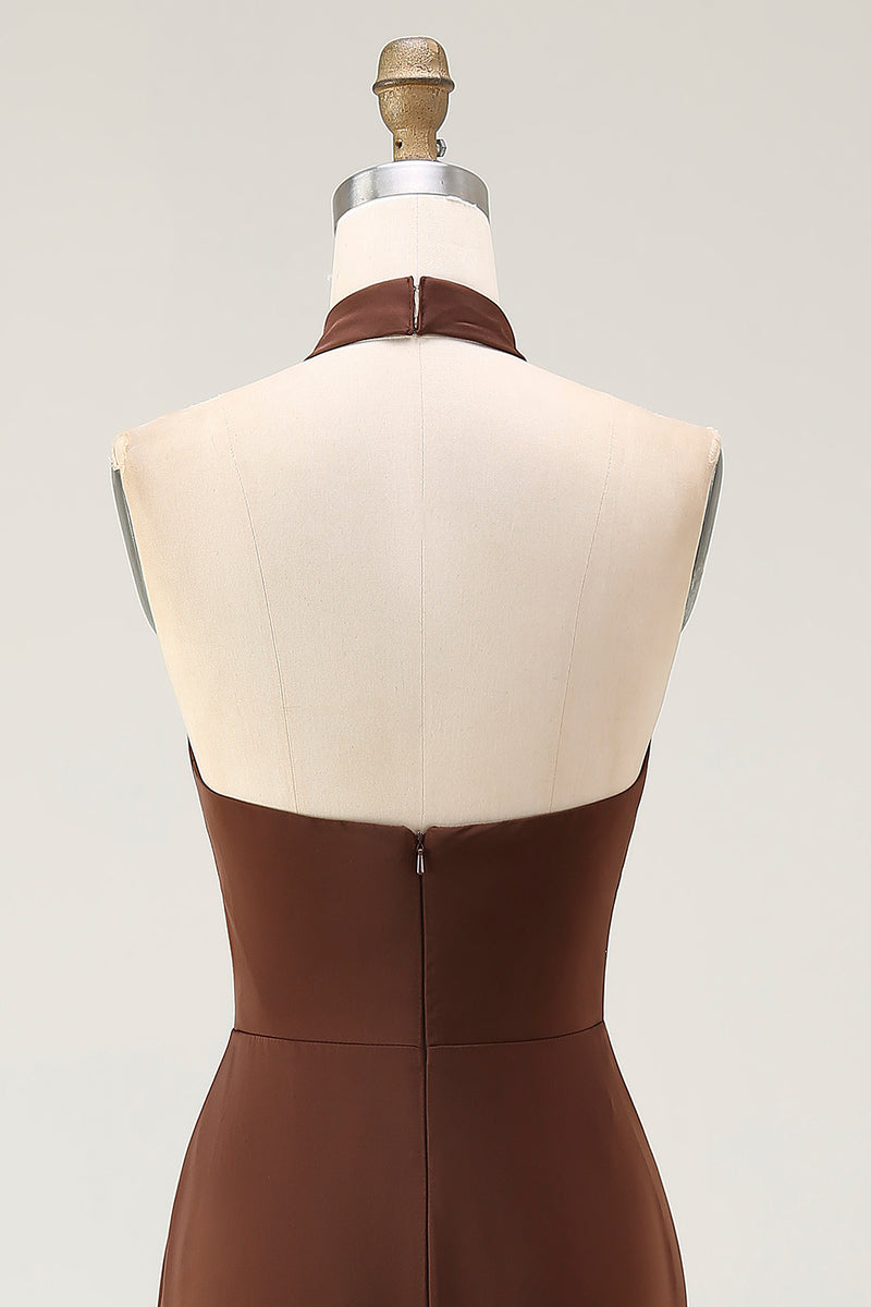 Load image into Gallery viewer, Coffee Mermaid Satin Halter Backless Long Formal Dress