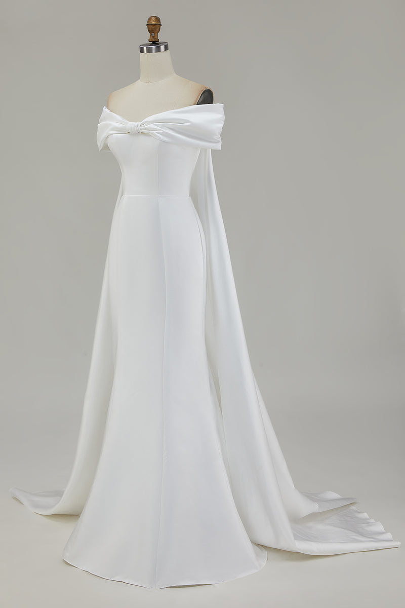 Load image into Gallery viewer, Ivory Mermaid Off The Shoulder Bow Long Wedding Dress with Cape