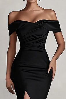 Black Satin Mermaid Ruched Off The Shoulder Long Formal Dress with Slit
