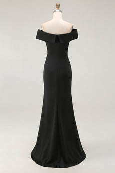 Black Satin Ruched Mermaid Off The Shoulder Long Formal Dress with Slit