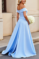 Load image into Gallery viewer, Light Blue A Line Satin Long Prom Dress