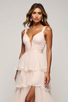 Load image into Gallery viewer, Candy Pink A Line Tulle Tiered V-Neck Long Prom Dress with Slit