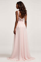 Load image into Gallery viewer, Corset Candy Pink A Line Chiffon Deep V-Neck Long Prom Dress with Slit