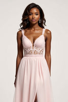 Load image into Gallery viewer, Corset Candy Pink A Line Chiffon Deep V-Neck Long Prom Dress with Slit