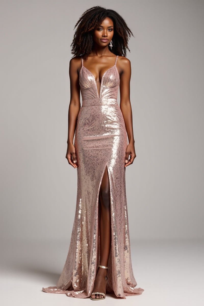 Weitese Dress Sheath V-Neck Backless Long Rose Gold Sequined Prom Evening Dress main image 1