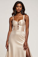 Load image into Gallery viewer, Sparkly Champagne A Line Sweetheart Satin Long Prom Dress with Slit