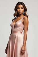 Load image into Gallery viewer, Dusty Rose A Line Satin Deep V-Neck Long Prom Dress