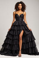 Load image into Gallery viewer, Black Ball Gown Long Tiered Prom Dress With Slit
