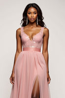 Load image into Gallery viewer, Dusty Rose A Line V-Neck Long Tulle Prom Dress with Slit