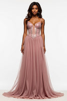 Load image into Gallery viewer, Corset Dusty Rose Tulle Prom Dress with Slit