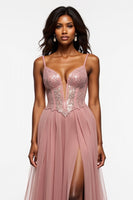 Load image into Gallery viewer, Corset Dusty Rose Tulle Prom Dress with Slit