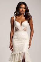 Load image into Gallery viewer, Light Champagne Mermaid V-Neck Long Prom Dress with Slit