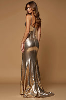 Load image into Gallery viewer, Sparkly Metallic Golden Sheath Satin Long Formal Dress with Slit
