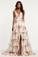 Load image into Gallery viewer, Champagne Flower Chiffon Tiered V-Neck Long Prom Dress with Slit